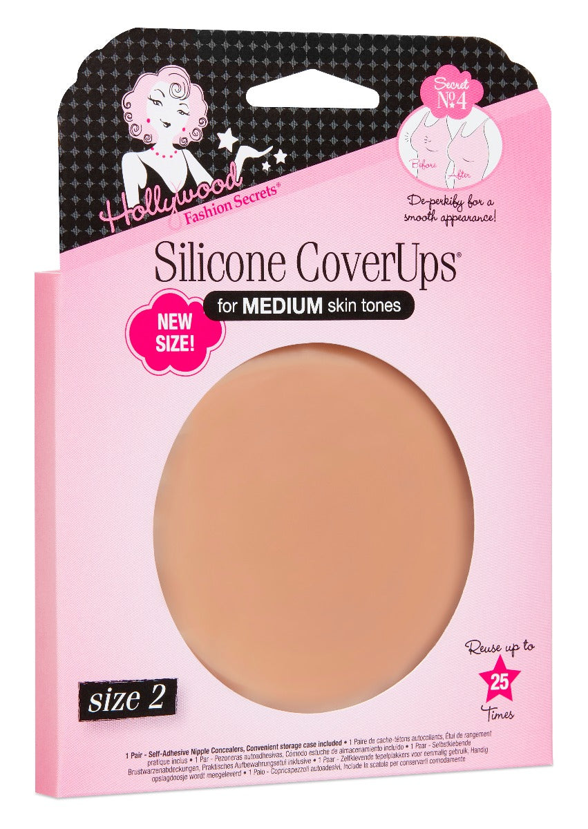 Side view of Hollywood Fashion Secrets Silicone CoverUps packaging, highlighting the new size and smooth, seamless fit.