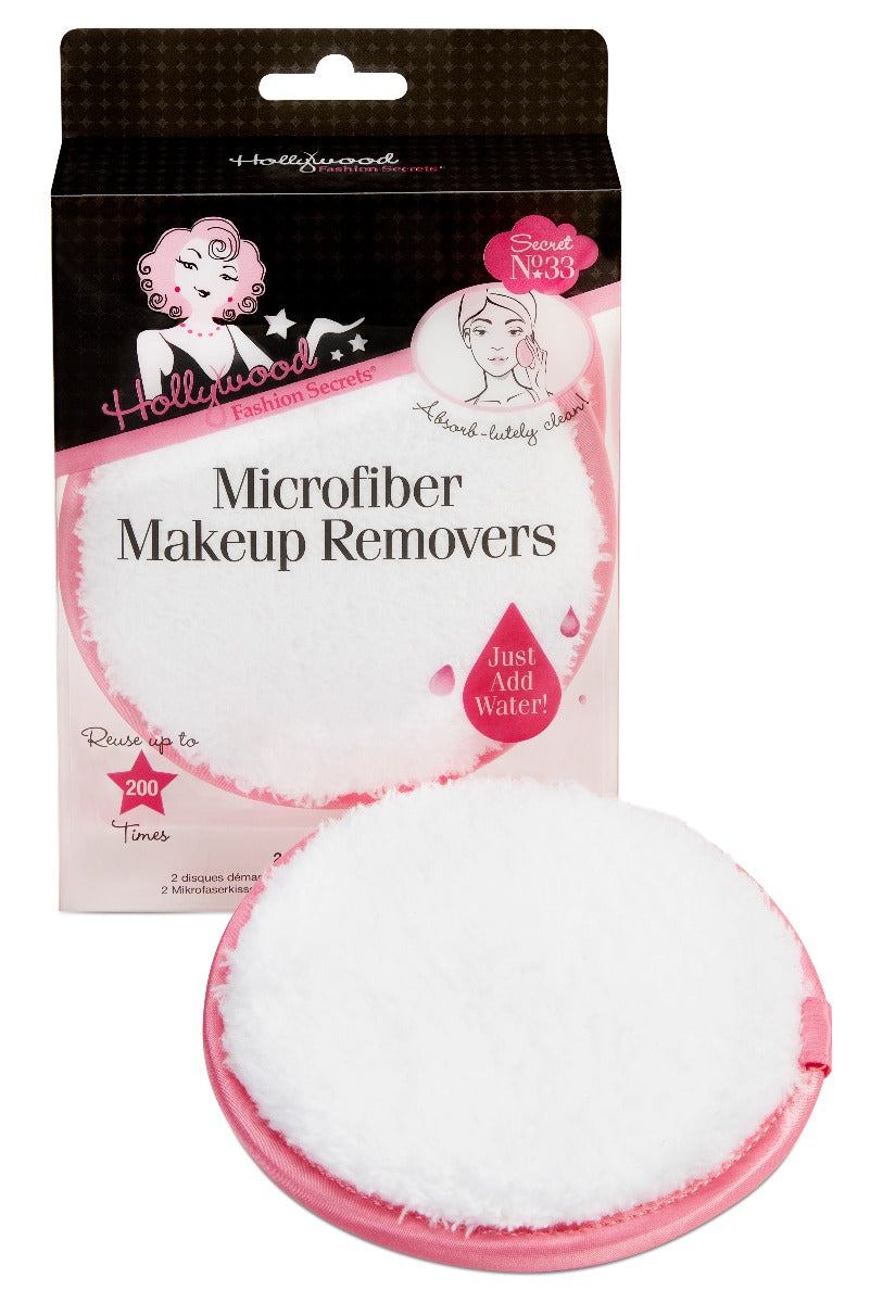 Hollywood Fashion Secrets Microfiber Makeup Remover Pads packaging with reusable, water-activated design for effortless cleansing.