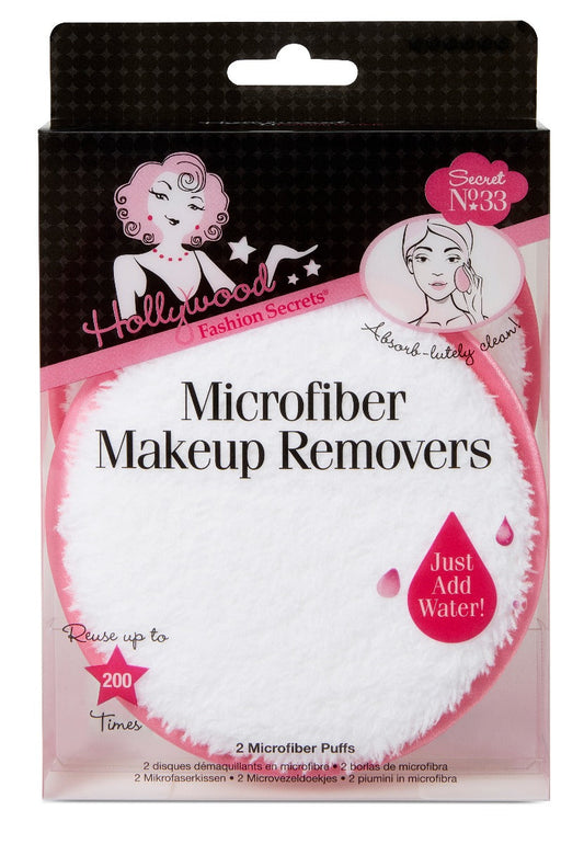 A package of two reusable Hollywood Fashion Secrets microfiber makeup remover puffs features soft white pads with pink edges.