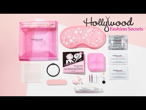 Hollywood Fashion Secrets beauty travel kit featuring a pink pouch, sleep mask, lint sheets, and cleansing wipes for effortless styling.