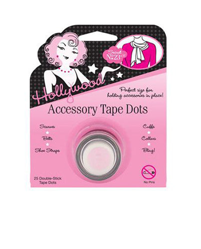 A package of Hollywood Accessory Tape Dots features twenty-five double-sided adhesive circles designed to secure fashion accessories like scarves, belts, and collars.