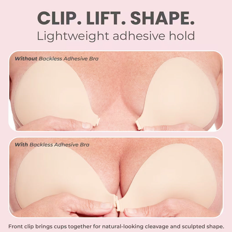 Backless adhesive bra comparison showing a difference in support and appearance.
