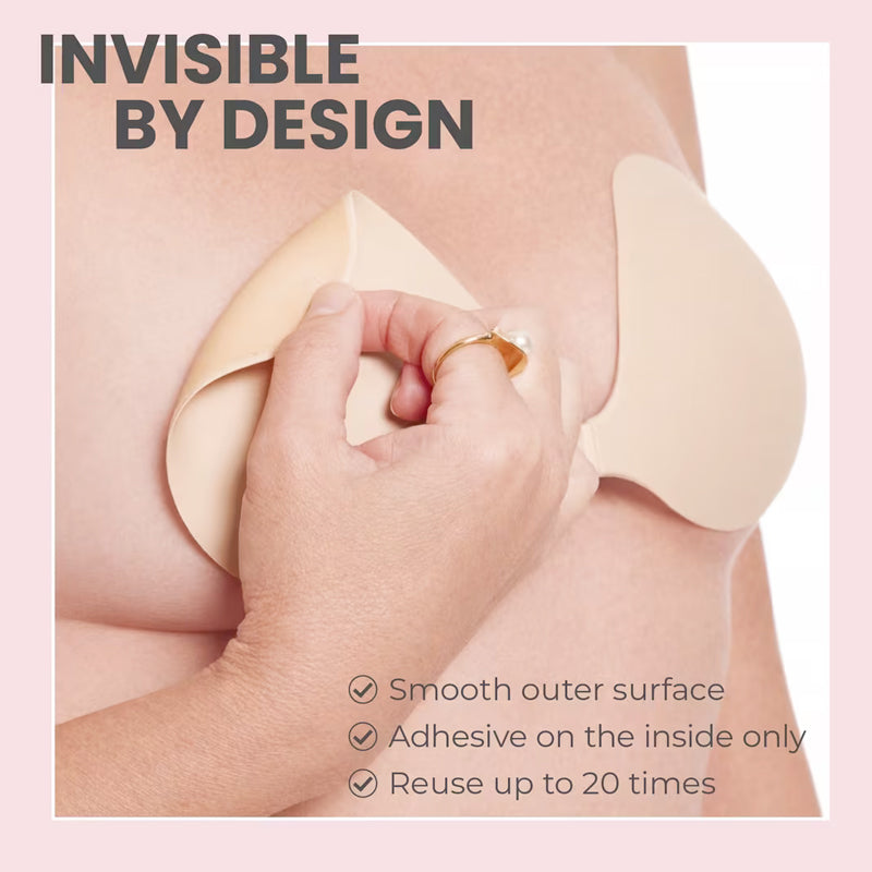 Adhesive patch being applied to a person's arm with text highlighting features.