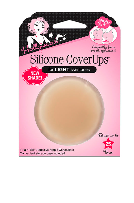 Hollywood Silicone CoverUps for light skin tones features a circular, self-adhesive nipple concealer on pink retro-style packaging.