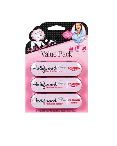 A Hollywood Fashion Secrets Fashion Tape Value Pack displays three portable pink tins containing clear double-sided adhesive strips for clothing fixes.