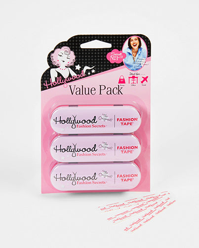 A Hollywood Fashion Tape value pack showcases three portable pink tins of double-sided apparel adhesive strips next to a loose sheet of tape.