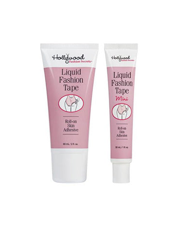 Hollywood Fashion Secrets Liquid Fashion Tape and Mini version, roll-on skin adhesive for secure wardrobe styling.