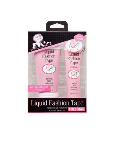 A retail package showcases two tubes of Hollywood Fashion Secrets Liquid Fashion Tape roll-on skin adhesive, including a full-size bottle and a free mini.