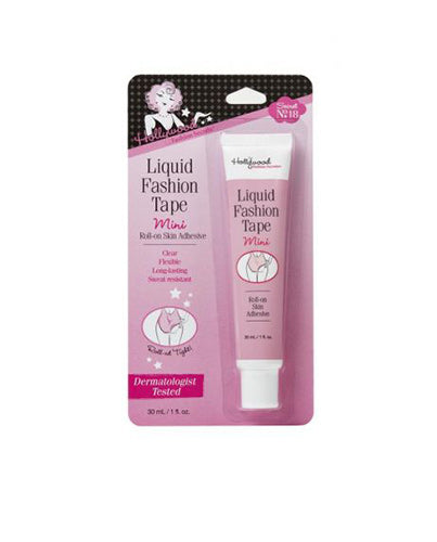 Hollywood Fashion Secrets Liquid Fashion Tape Mini provides a clear, flexible roll-on skin adhesive in a compact pink and white tube.