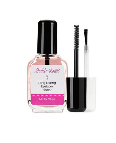 A bottle of Model in a Bottle Long Lasting Eyebrow Sealer stands next to its included spoolie and fine-tip applicator brushes.
