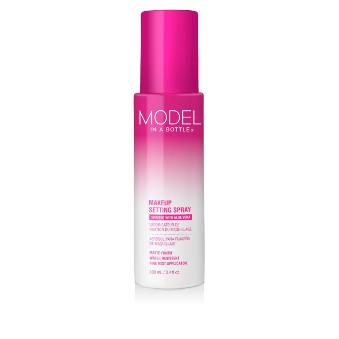 Model in a Bottle Makeup Setting Spray 3.4oz with aloe vera, matte finish, and water resistance.