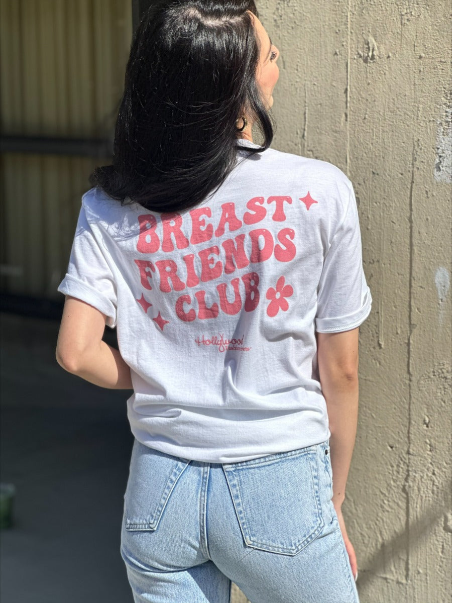 Image of model wearing Hollywood Fashion Secrets Breast Friends Jersey Cotton T-shirt with printed Breast Friends Club graphic on back of shirt
