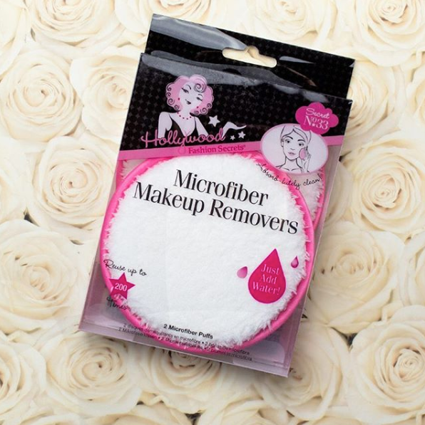 Hollywood Fashion Secrets Microfiber Makeup Remover Pads in packaging, displayed on a floral background for a chic presentation.