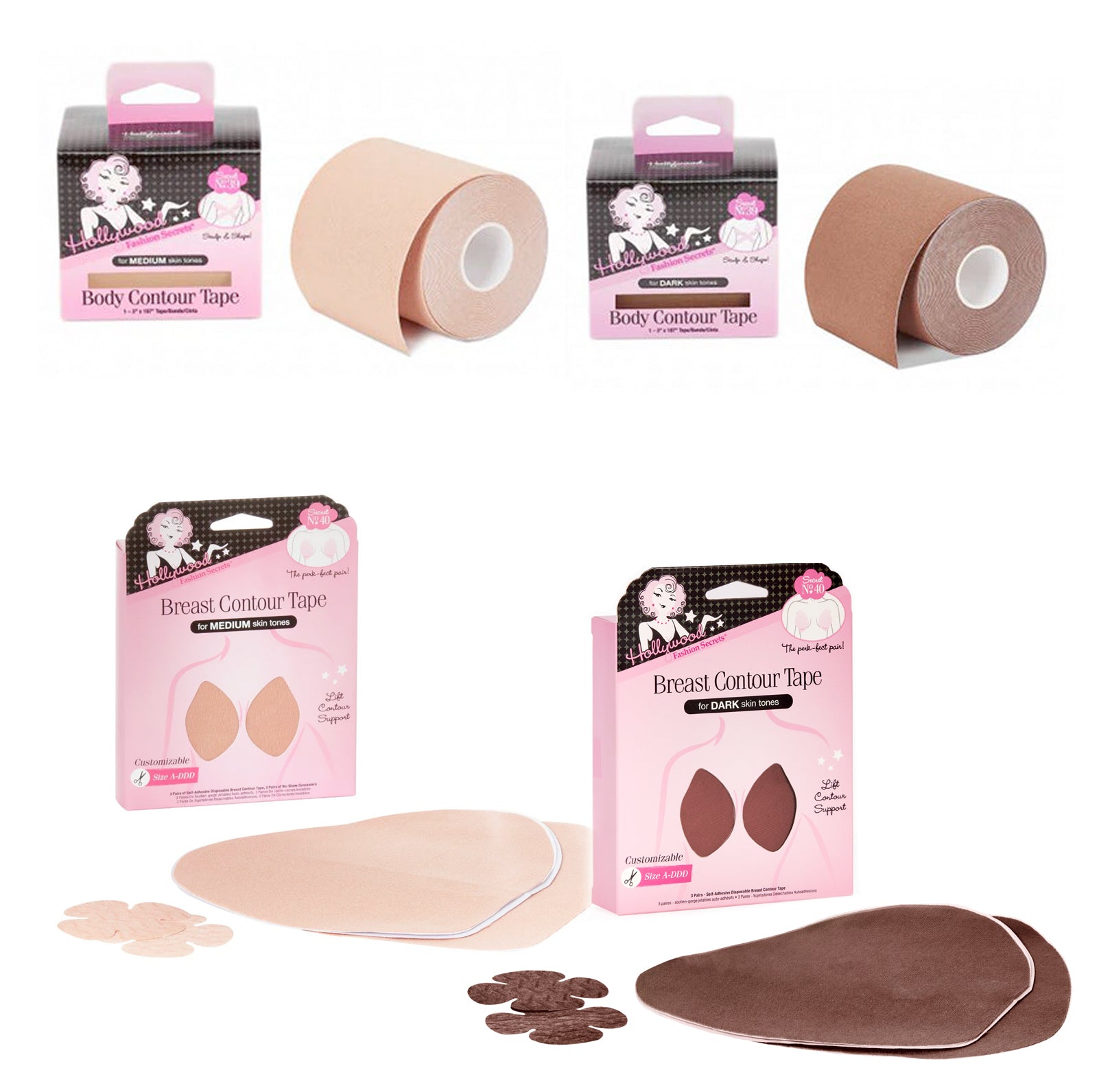Hollywood Fashion Secrets body and breast contour tape in light and dark skin-tone shades with packaging and tape rolls.