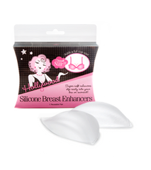 Hollywood Fashion Secrets Silicone Breast Enhancers in clear packaging with a pink label, featuring two soft silicone inserts for a natural lift.