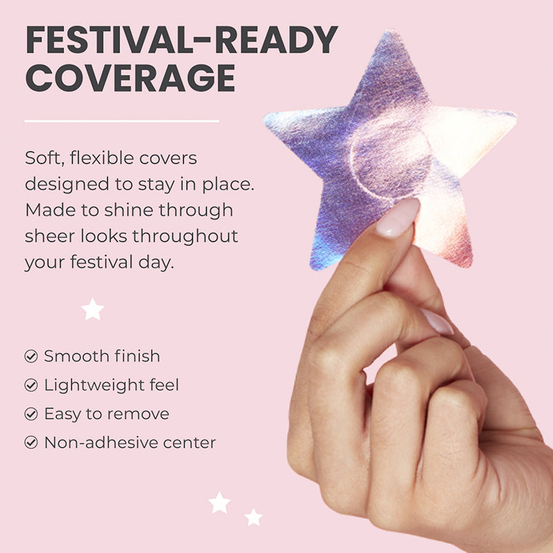 Star-shaped product with text about festival-ready coverage on a pink background